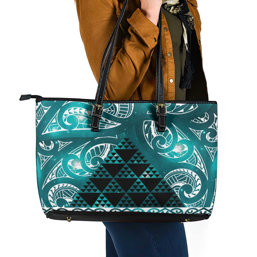 Matariki New Zealand Leather Tote Bag NZ Niho Taniwha Maori New Year Cyan Galaxy