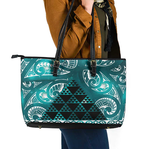 Matariki New Zealand Leather Tote Bag NZ Niho Taniwha Maori New Year Cyan Galaxy
