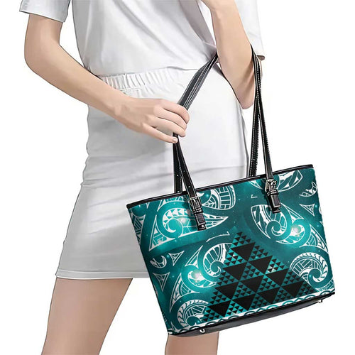 Matariki New Zealand Leather Tote Bag NZ Niho Taniwha Maori New Year Cyan Galaxy