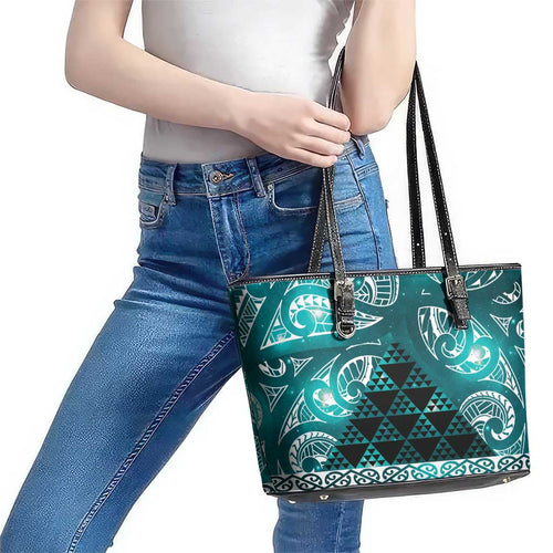Matariki New Zealand Leather Tote Bag NZ Niho Taniwha Maori New Year Cyan Galaxy