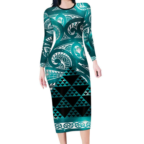 Matariki New Zealand Long Sleeve Bodycon Dress NZ Niho Taniwha Maori New Year Cyan Galaxy