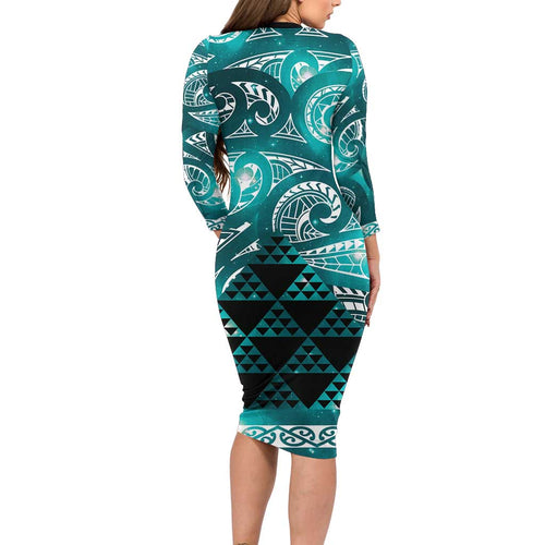 Matariki New Zealand Long Sleeve Bodycon Dress NZ Niho Taniwha Maori New Year Cyan Galaxy