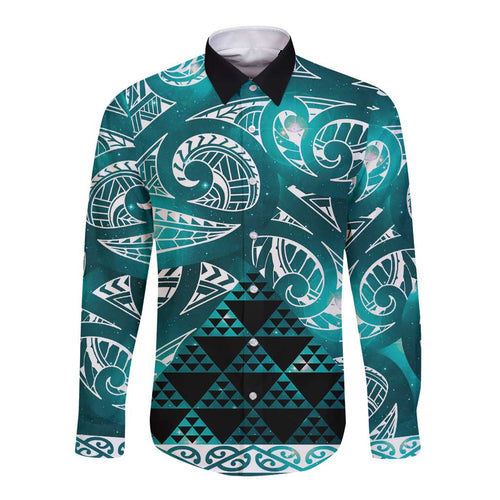 Matariki New Zealand Long Sleeve Button Shirt NZ Niho Taniwha Maori New Year Cyan Galaxy