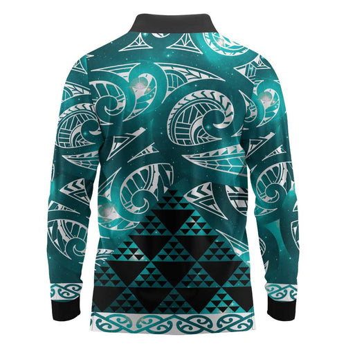 Matariki New Zealand Long Sleeve Polo Shirt NZ Niho Taniwha Maori New Year Cyan Galaxy