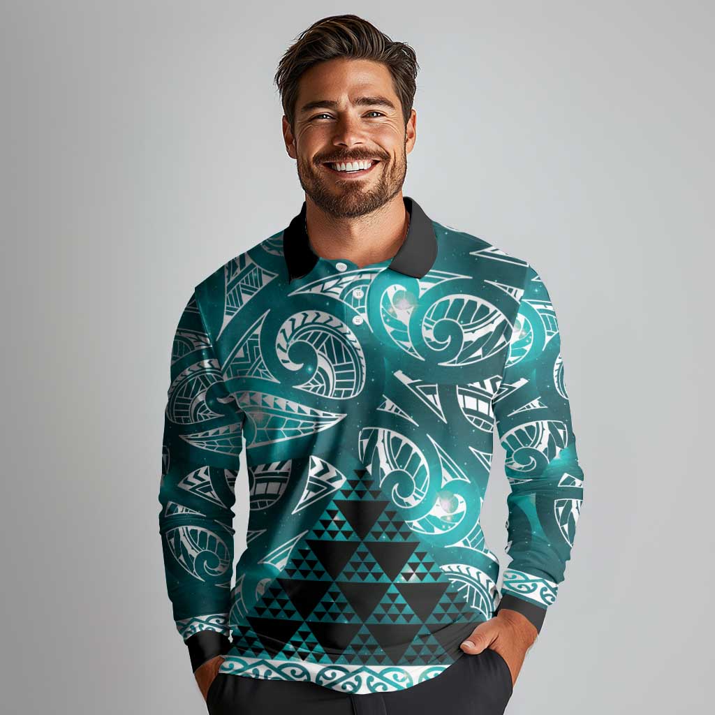Matariki New Zealand Long Sleeve Polo Shirt NZ Niho Taniwha Maori New Year Cyan Galaxy