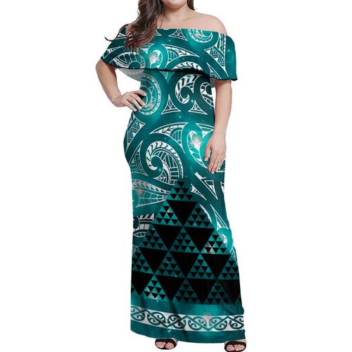 Matariki New Zealand Off Shoulder Maxi Dress NZ Niho Taniwha Maori New Year Cyan Galaxy