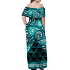 Matariki New Zealand Off Shoulder Maxi Dress NZ Niho Taniwha Maori New Year Cyan Galaxy