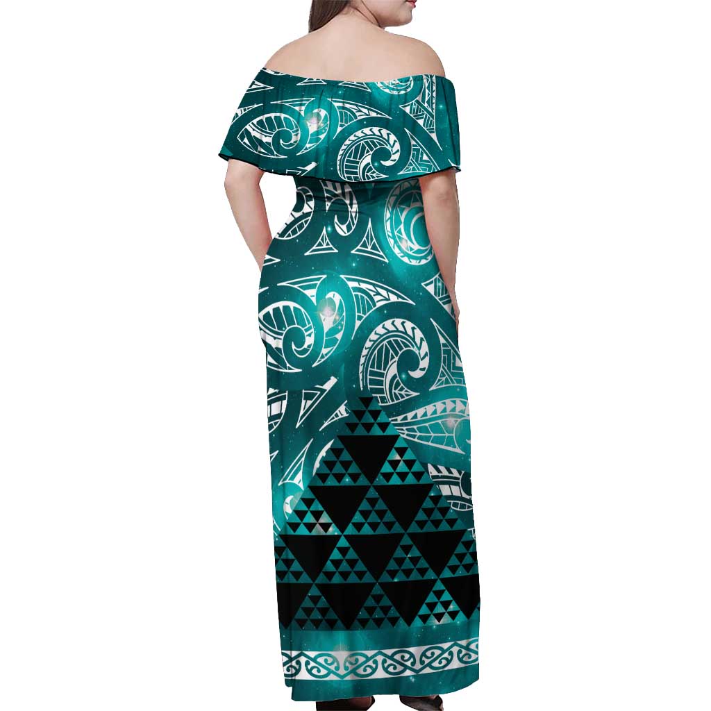 Matariki New Zealand Off Shoulder Maxi Dress NZ Niho Taniwha Maori New Year Cyan Galaxy