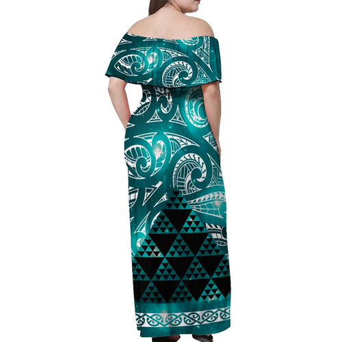 Matariki New Zealand Off Shoulder Maxi Dress NZ Niho Taniwha Maori New Year Cyan Galaxy