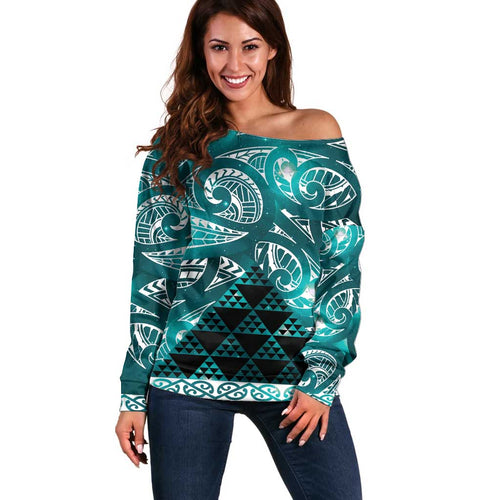 Matariki New Zealand Off Shoulder Sweater NZ Niho Taniwha Maori New Year Cyan Galaxy
