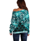 Matariki New Zealand Off Shoulder Sweater NZ Niho Taniwha Maori New Year Cyan Galaxy