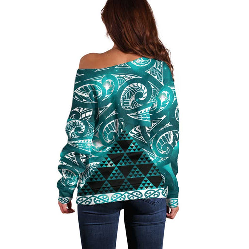 Matariki New Zealand Off Shoulder Sweater NZ Niho Taniwha Maori New Year Cyan Galaxy