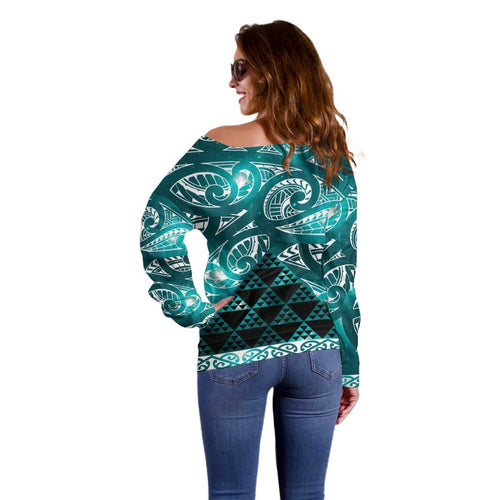 Matariki New Zealand Off Shoulder Sweater NZ Niho Taniwha Maori New Year Cyan Galaxy