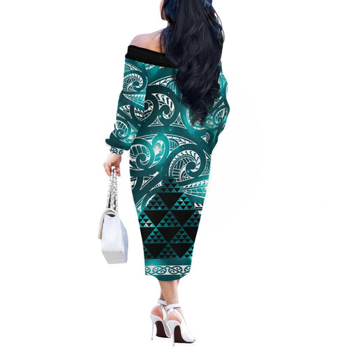 Matariki New Zealand Off The Shoulder Long Sleeve Dress NZ Niho Taniwha Maori New Year Cyan Galaxy