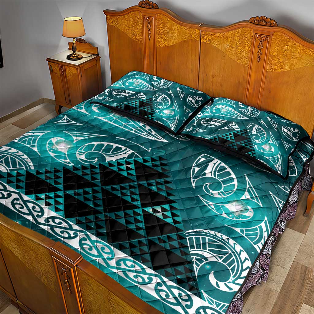 Matariki New Zealand Quilt Bed Set NZ Niho Taniwha Maori New Year Cyan Galaxy