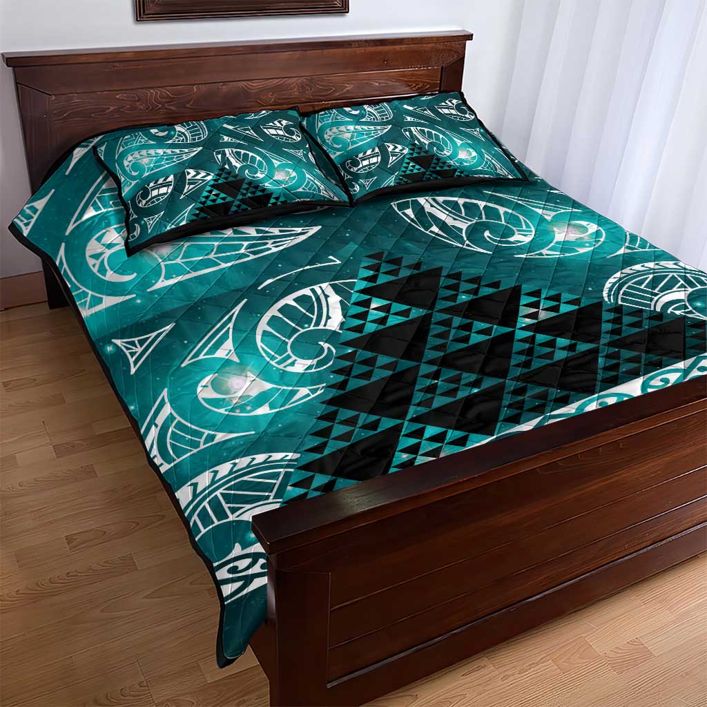 Matariki New Zealand Quilt Bed Set NZ Niho Taniwha Maori New Year Cyan Galaxy