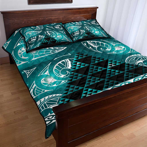 Matariki New Zealand Quilt Bed Set NZ Niho Taniwha Maori New Year Cyan Galaxy