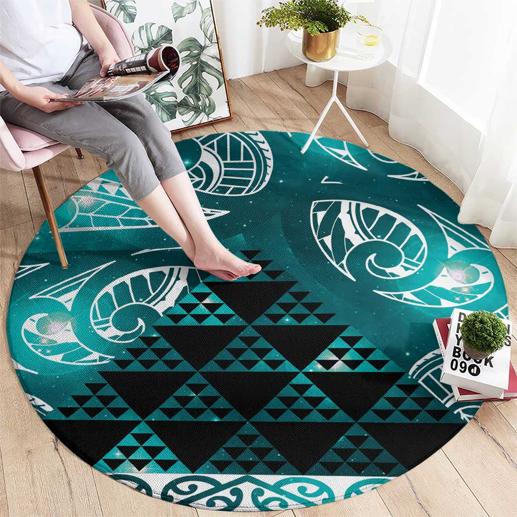 Matariki New Zealand Round Carpet NZ Niho Taniwha Maori New Year Cyan Galaxy