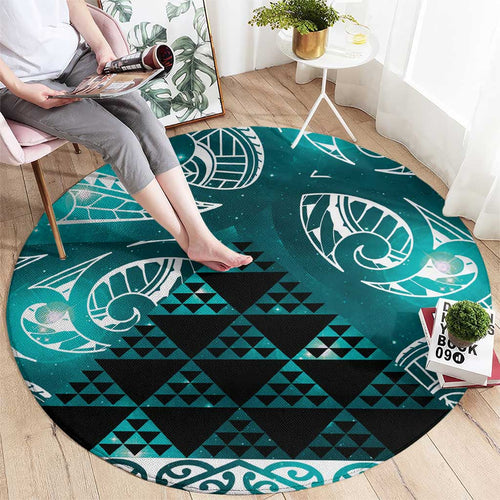 Matariki New Zealand Round Carpet NZ Niho Taniwha Maori New Year Cyan Galaxy