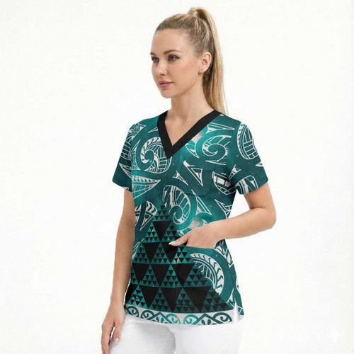 Matariki New Zealand Scrub Top NZ Niho Taniwha Maori New Year Cyan Galaxy