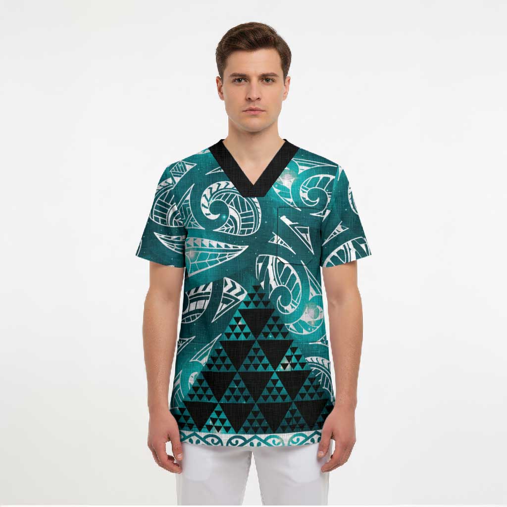 Matariki New Zealand Scrub Top NZ Niho Taniwha Maori New Year Cyan Galaxy