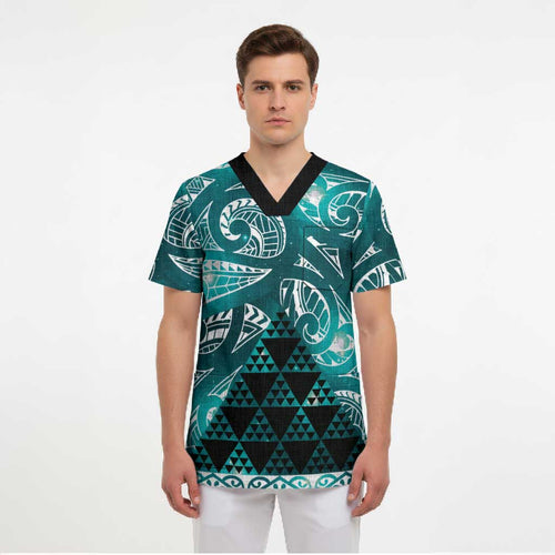 Matariki New Zealand Scrub Top NZ Niho Taniwha Maori New Year Cyan Galaxy