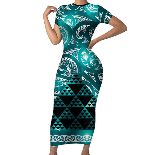 Matariki New Zealand Short Sleeve Bodycon Dress NZ Niho Taniwha Maori New Year Cyan Galaxy