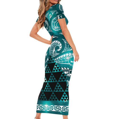 Matariki New Zealand Short Sleeve Bodycon Dress NZ Niho Taniwha Maori New Year Cyan Galaxy
