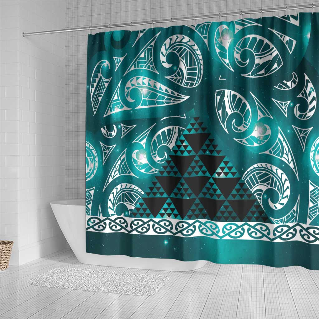 Matariki New Zealand Shower Curtain NZ Niho Taniwha Maori New Year Cyan Galaxy