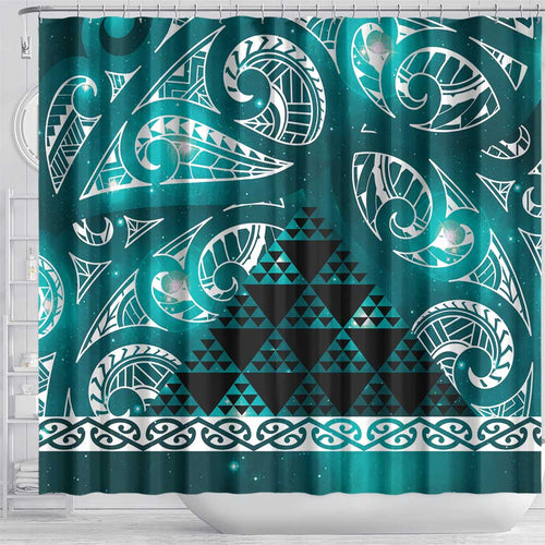 Matariki New Zealand Shower Curtain NZ Niho Taniwha Maori New Year Cyan Galaxy