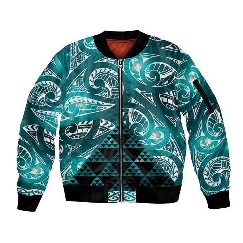 Matariki New Zealand Sleeve Zip Bomber Jacket NZ Niho Taniwha Maori New Year Cyan Galaxy