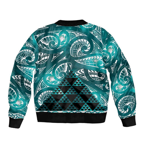 Matariki New Zealand Sleeve Zip Bomber Jacket NZ Niho Taniwha Maori New Year Cyan Galaxy