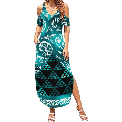 Matariki New Zealand Summer Maxi Dress NZ Niho Taniwha Maori New Year Cyan Galaxy