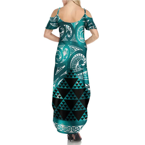 Matariki New Zealand Summer Maxi Dress NZ Niho Taniwha Maori New Year Cyan Galaxy