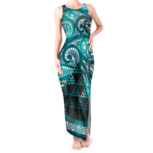 Matariki New Zealand Tank Maxi Dress NZ Niho Taniwha Maori New Year Cyan Galaxy