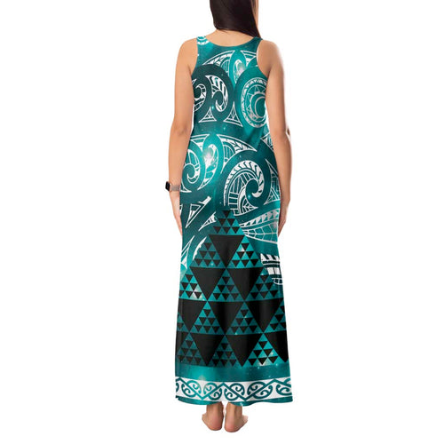 Matariki New Zealand Tank Maxi Dress NZ Niho Taniwha Maori New Year Cyan Galaxy