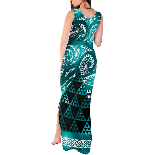Matariki New Zealand Tank Maxi Dress NZ Niho Taniwha Maori New Year Cyan Galaxy