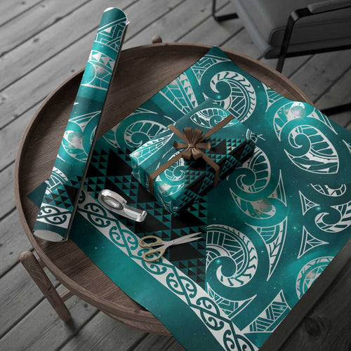 Matariki New Zealand Wrapping Paper NZ Niho Taniwha Maori New Year Cyan Galaxy