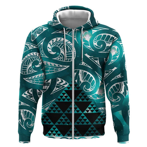 Matariki New Zealand Zip Hoodie NZ Niho Taniwha Maori New Year Cyan Galaxy