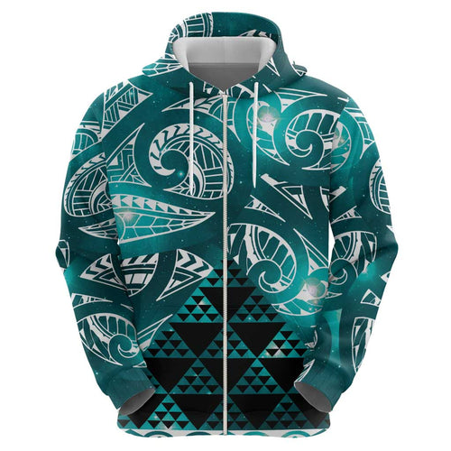 Matariki New Zealand Zip Hoodie NZ Niho Taniwha Maori New Year Cyan Galaxy