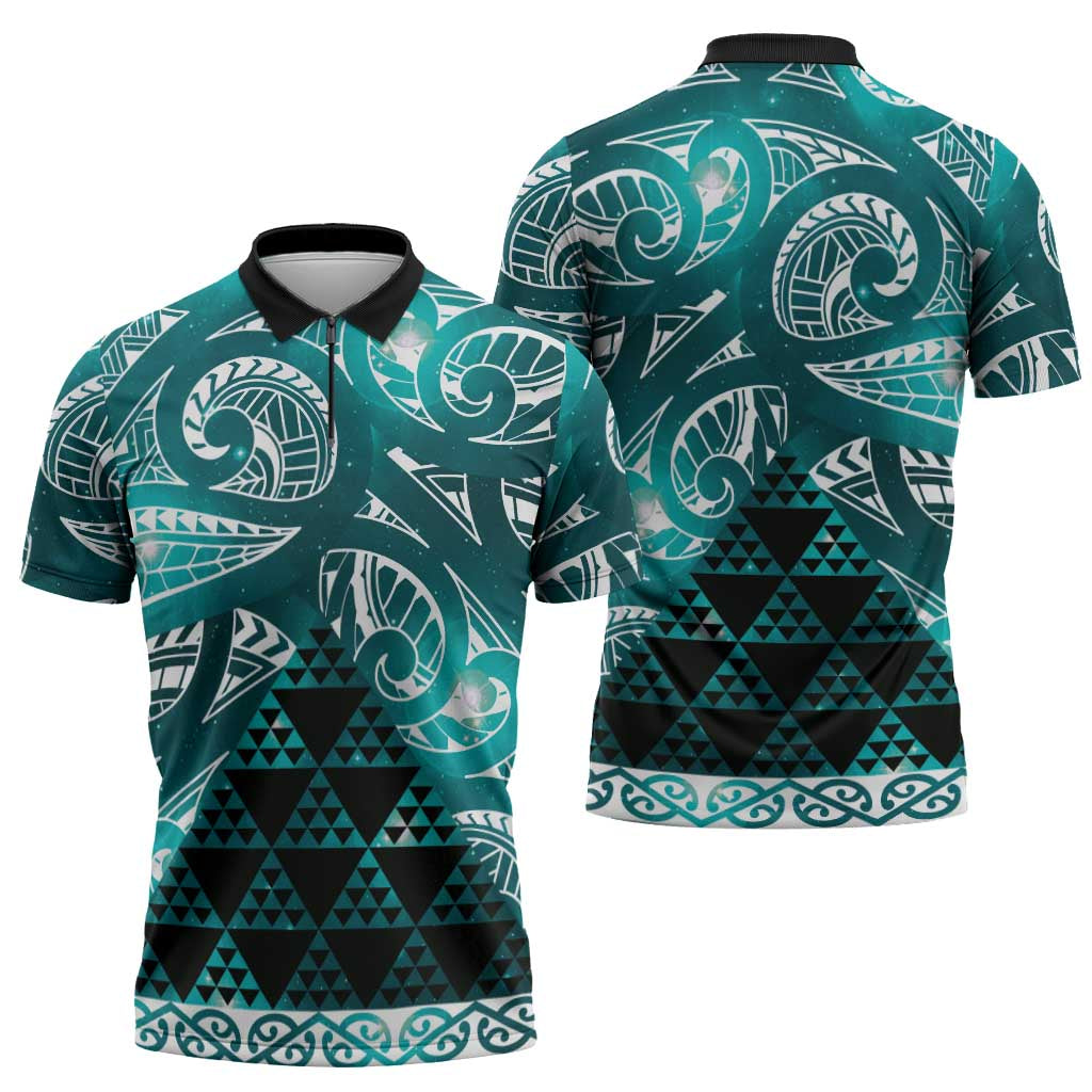 Matariki New Zealand Zipper Polo Shirt NZ Niho Taniwha Maori New Year Cyan Galaxy