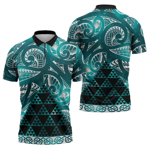 Matariki New Zealand Zipper Polo Shirt NZ Niho Taniwha Maori New Year Cyan Galaxy