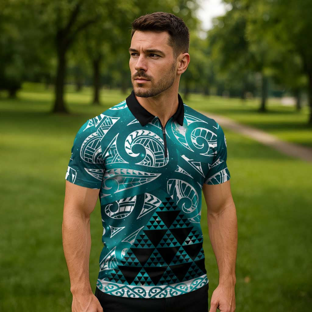 Matariki New Zealand Zipper Polo Shirt NZ Niho Taniwha Maori New Year Cyan Galaxy