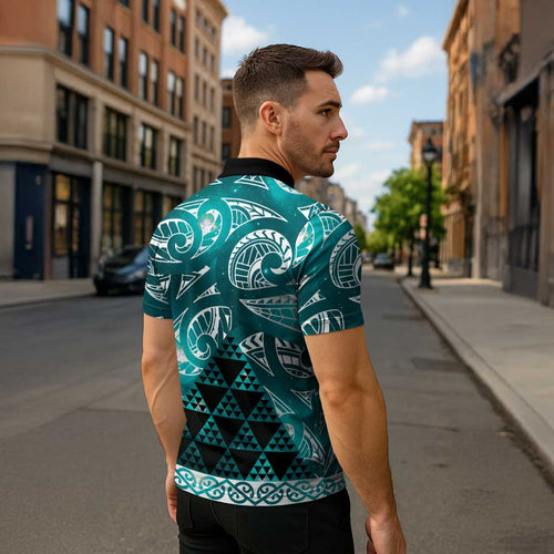 Matariki New Zealand Zipper Polo Shirt NZ Niho Taniwha Maori New Year Cyan Galaxy