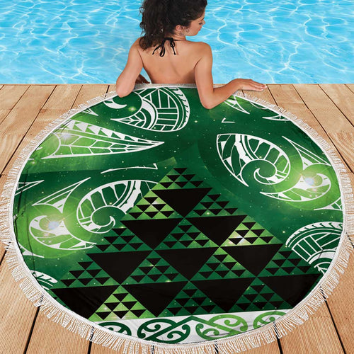 Matariki New Zealand Beach Blanket NZ Niho Taniwha Maori New Year Green Galaxy