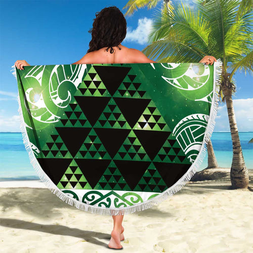Matariki New Zealand Beach Blanket NZ Niho Taniwha Maori New Year Green Galaxy