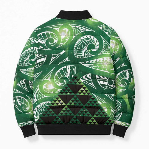 Matariki New Zealand Bomber Puffer Jacket NZ Niho Taniwha Maori New Year Green Galaxy