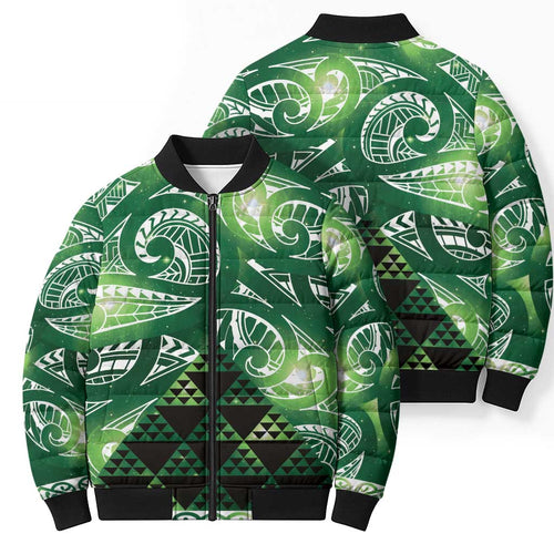 Matariki New Zealand Bomber Puffer Jacket NZ Niho Taniwha Maori New Year Green Galaxy