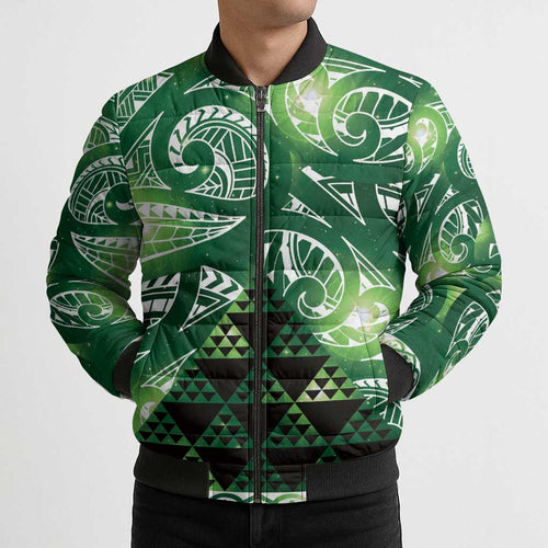 Matariki New Zealand Bomber Puffer Jacket NZ Niho Taniwha Maori New Year Green Galaxy