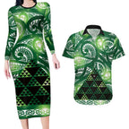 Matariki New Zealand Couples Matching Long Sleeve Bodycon Dress and Hawaiian Shirt NZ Niho Taniwha Maori New Year Green Galaxy